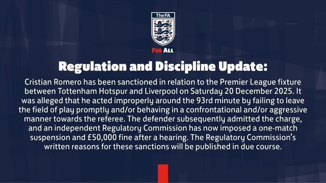 开云电竞注册-官方：热刺后卫罗梅罗遭追加停赛1场+罚款5万镑，无缘足总杯对维拉